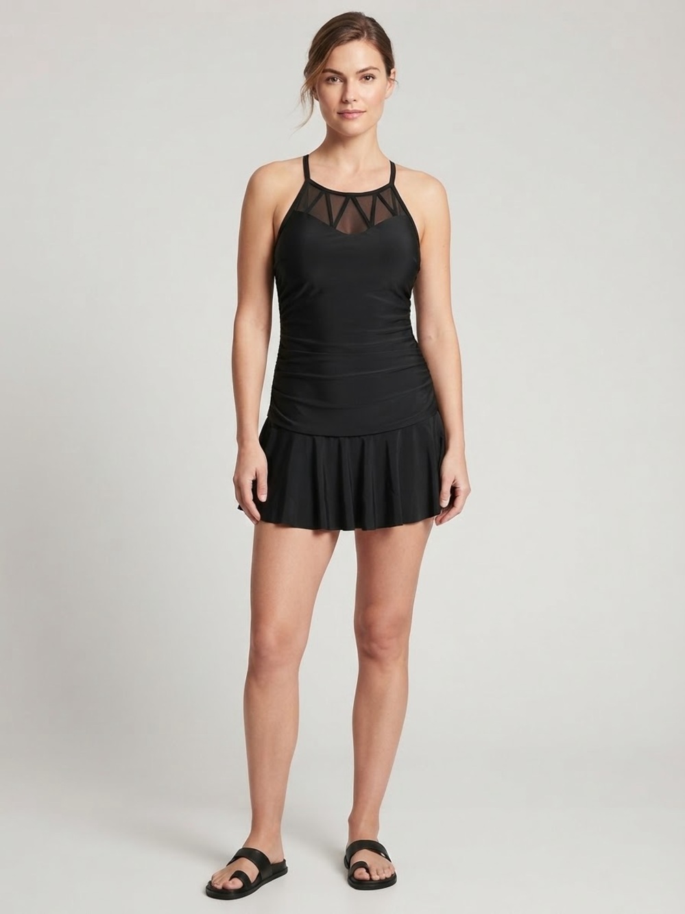 Black Mesh Yoke Mini Dress with Flared Skirt